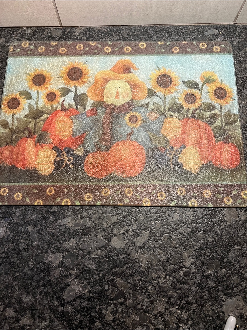 Harvest Sunflower Scarecrow Tempered Glass Counter Saver or cutting board. 11x15